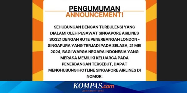 Singapore Airlines Turbulensi, Ini Nomor Hotline bagi Keluarga Penumpang