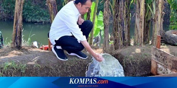 Momen Jokowi Duduk Jongkok Cek Air Hasil Pompanisasi di Karanganyar